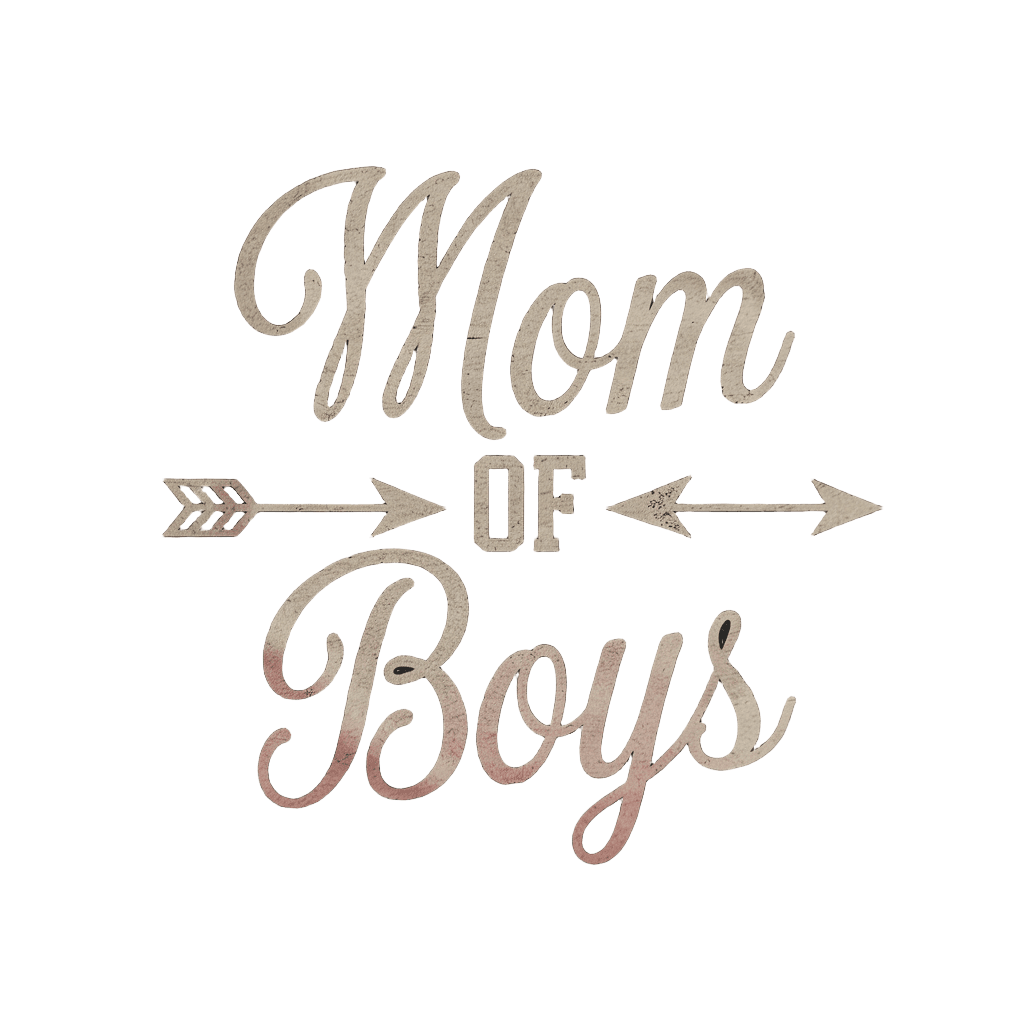elegant script reading "Mom of Boys" with arrow designs, minimalist, on black background, t-shirt design