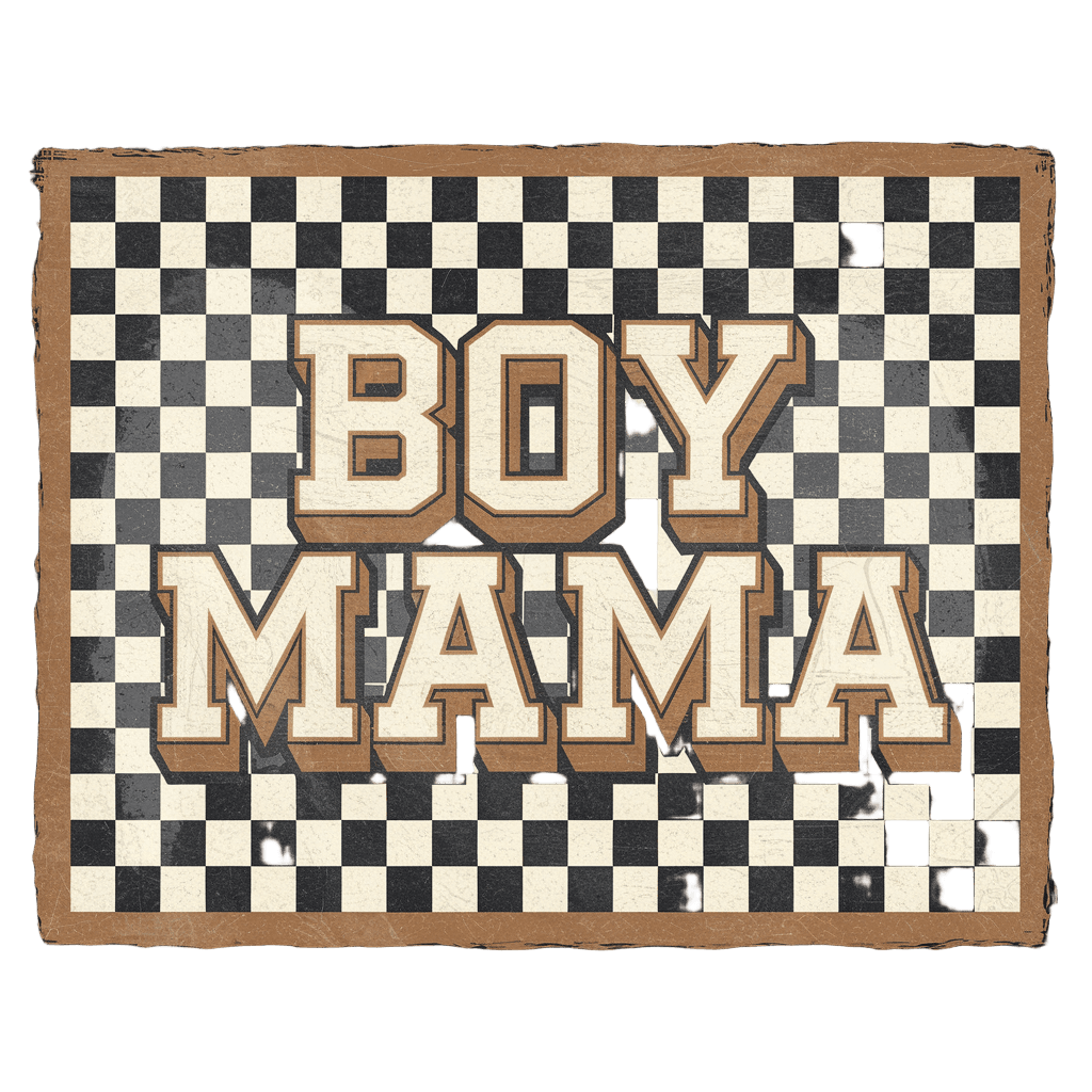 retro checkered pattern with text "BOY MAMA" in bold block letters, sporty design, on black background