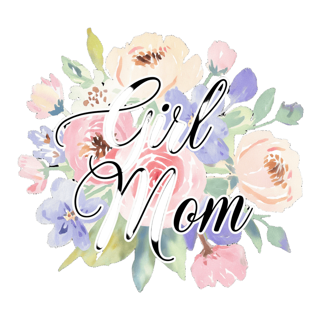 watercolor style flowers with elegant text "Girl Mom" in cursive, soft artistic design, on black background