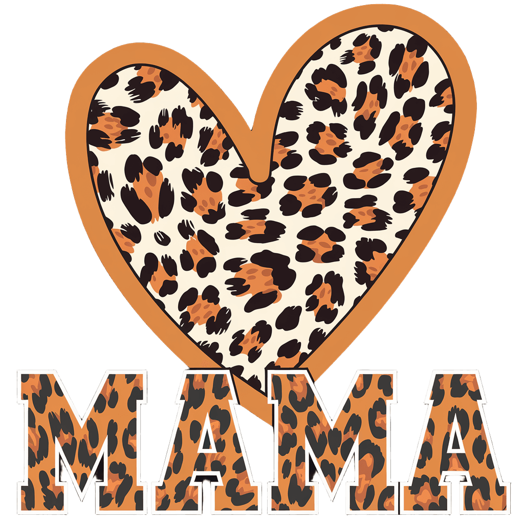 leopard print heart with text "MAMA" in bold font, trendy design, on black background, t-shirt design
