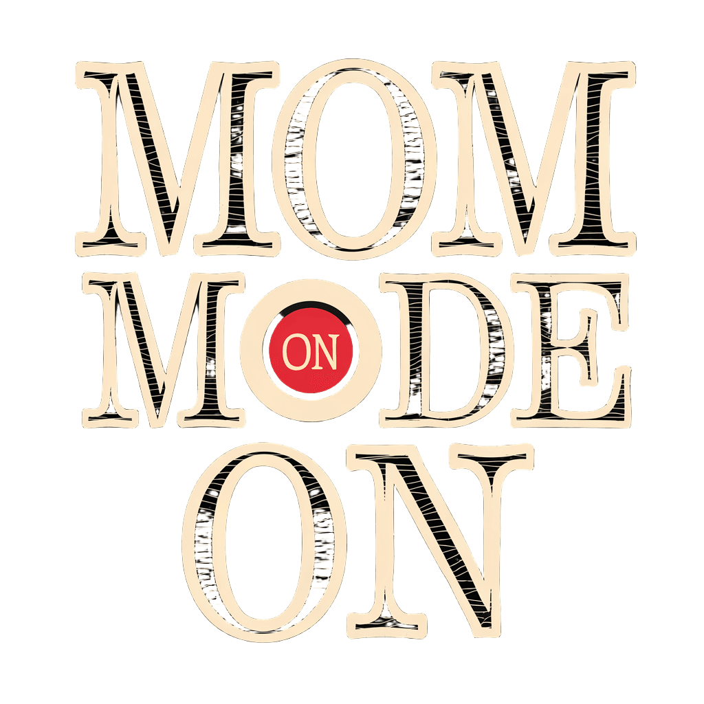 vintage typewriter style text reading "Mom Mode ON" with switch graphic, retro, on black background