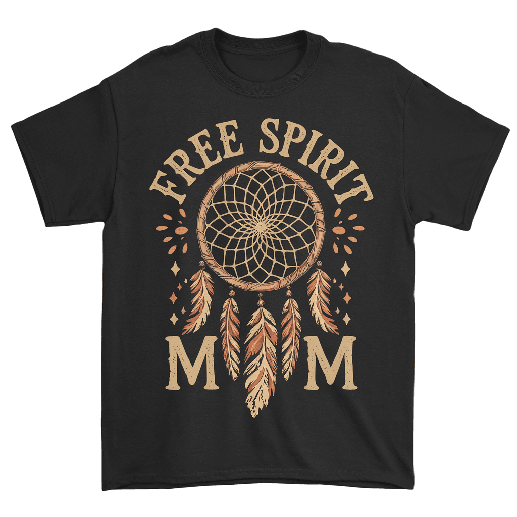boho style design with dreamcatcher and text "FREE SPIRIT MOM" earthy colors, on black background, t-shirt design