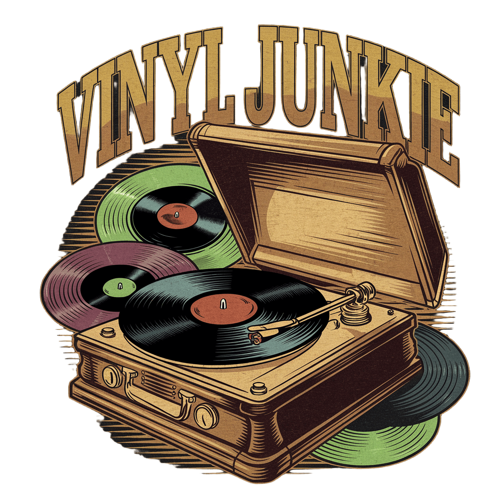 vintage record player illustration with text "VINYL JUNKIE" retro music style, warm colors, on black background, t-shirt design
