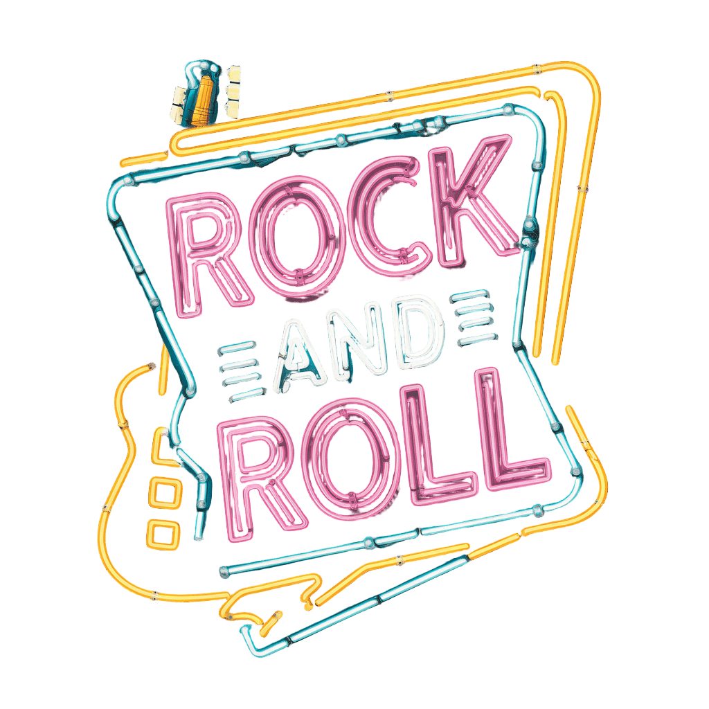 retro neon sign style reading "ROCK AND ROLL" with guitar silhouette, vintage concert poster, on black background