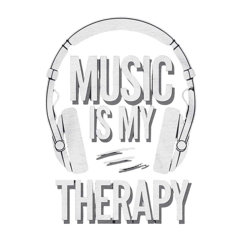 minimalist headphones illustration with text "MUSIC IS MY THERAPY" clean modern design, on black background, t-shirt graphic