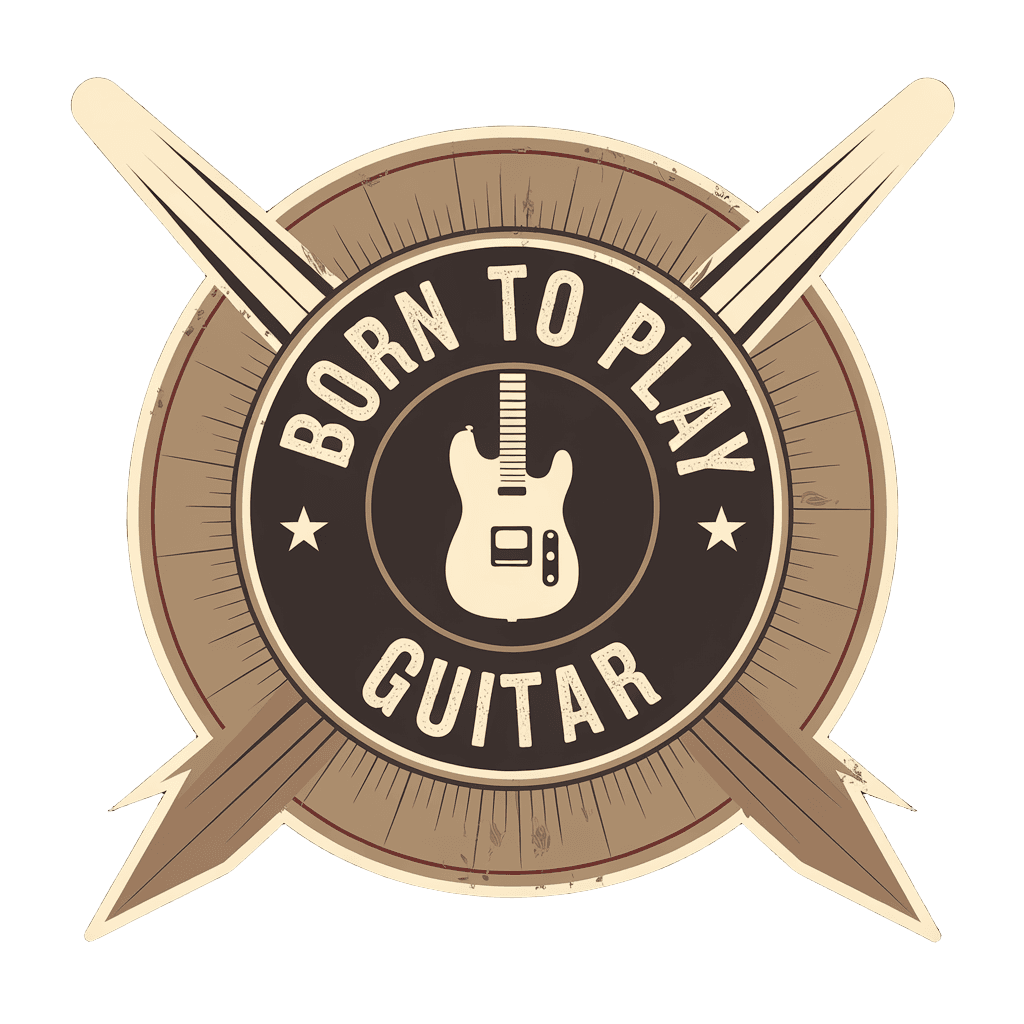 vintage badge reading "BORN TO PLAY GUITAR" with electric guitar icon, classic rock emblem, on black background