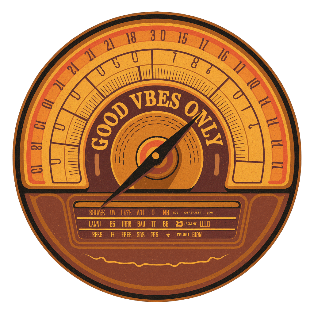 vintage radio dial design with text "GOOD VIBES ONLY" retro music style, warm colors, on black background