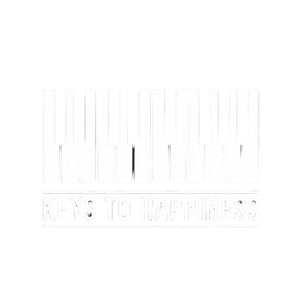 minimalist piano keys with text "KEYS TO HAPPINESS" clean design, on black background, t-shirt graphic