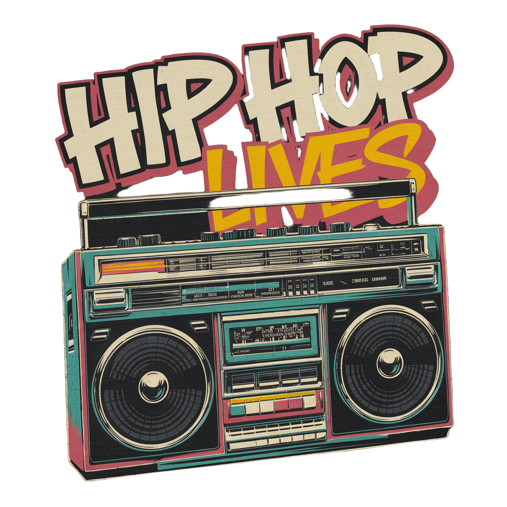 retro boombox illustration with text "HIP HOP LIVES" vintage 90s style, bold colors, on black background, t-shirt design