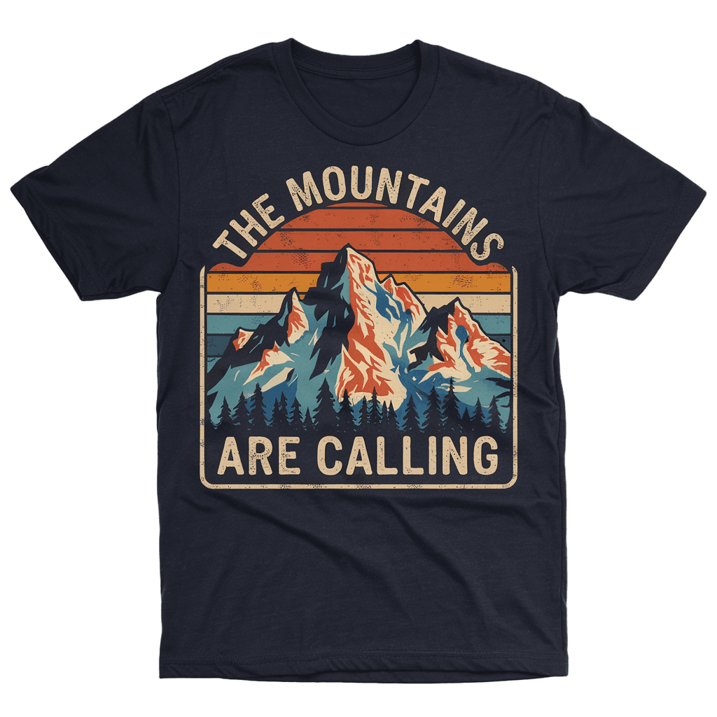 vintage national park poster style with mountains and text "THE MOUNTAINS ARE CALLING" retro colors, on black background, t-shirt design