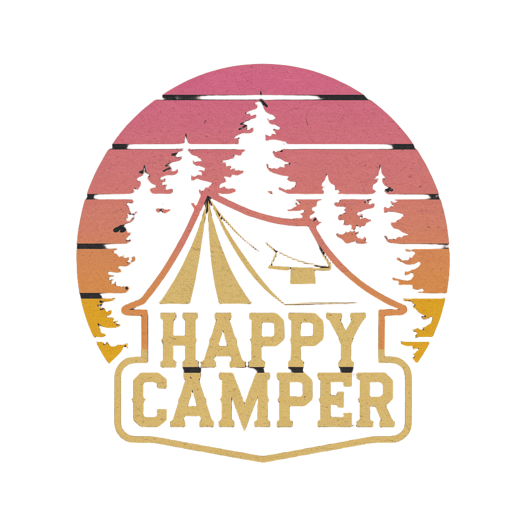 retro sunset with pine trees silhouette and text "HAPPY CAMPER" vintage camping badge, on black background
