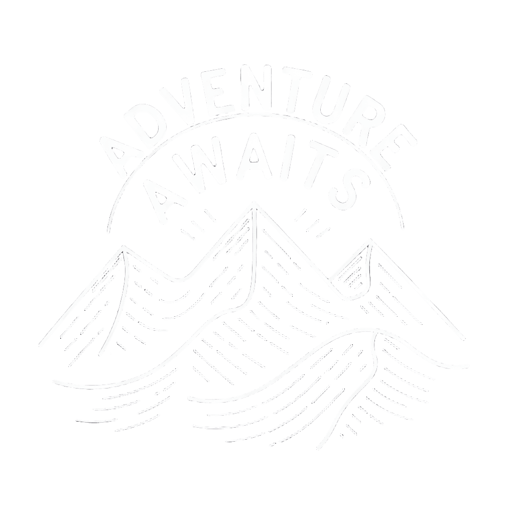 minimalist mountain range line art with text "ADVENTURE AWAITS" clean modern design, on black background, t-shirt graphic