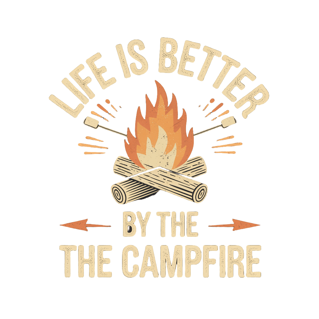 vintage camping badge reading "LIFE IS BETTER BY THE CAMPFIRE" with campfire illustration, retro emblem, on black background