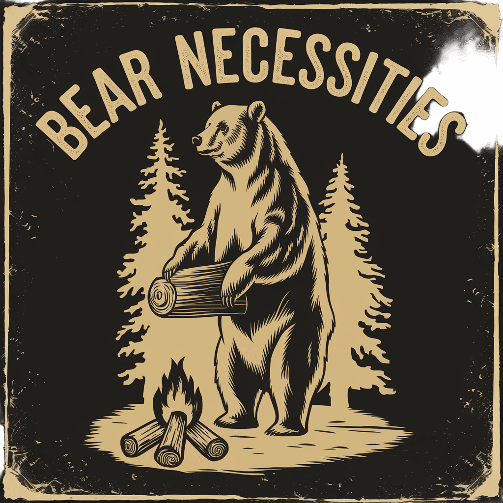retro national park style with bear silhouette and text "BEAR NECESSITIES" vintage poster, on black background