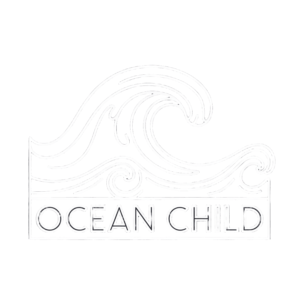 minimalist wave illustration with text "OCEAN CHILD" clean line art, on black background, t-shirt graphic