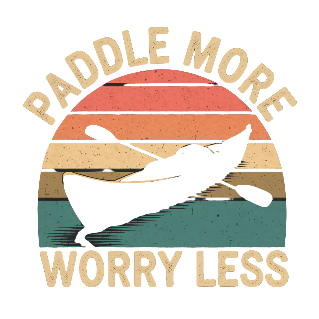 retro sunset with kayak silhouette and text "PADDLE MORE WORRY LESS" vintage colors, on black background, t-shirt design