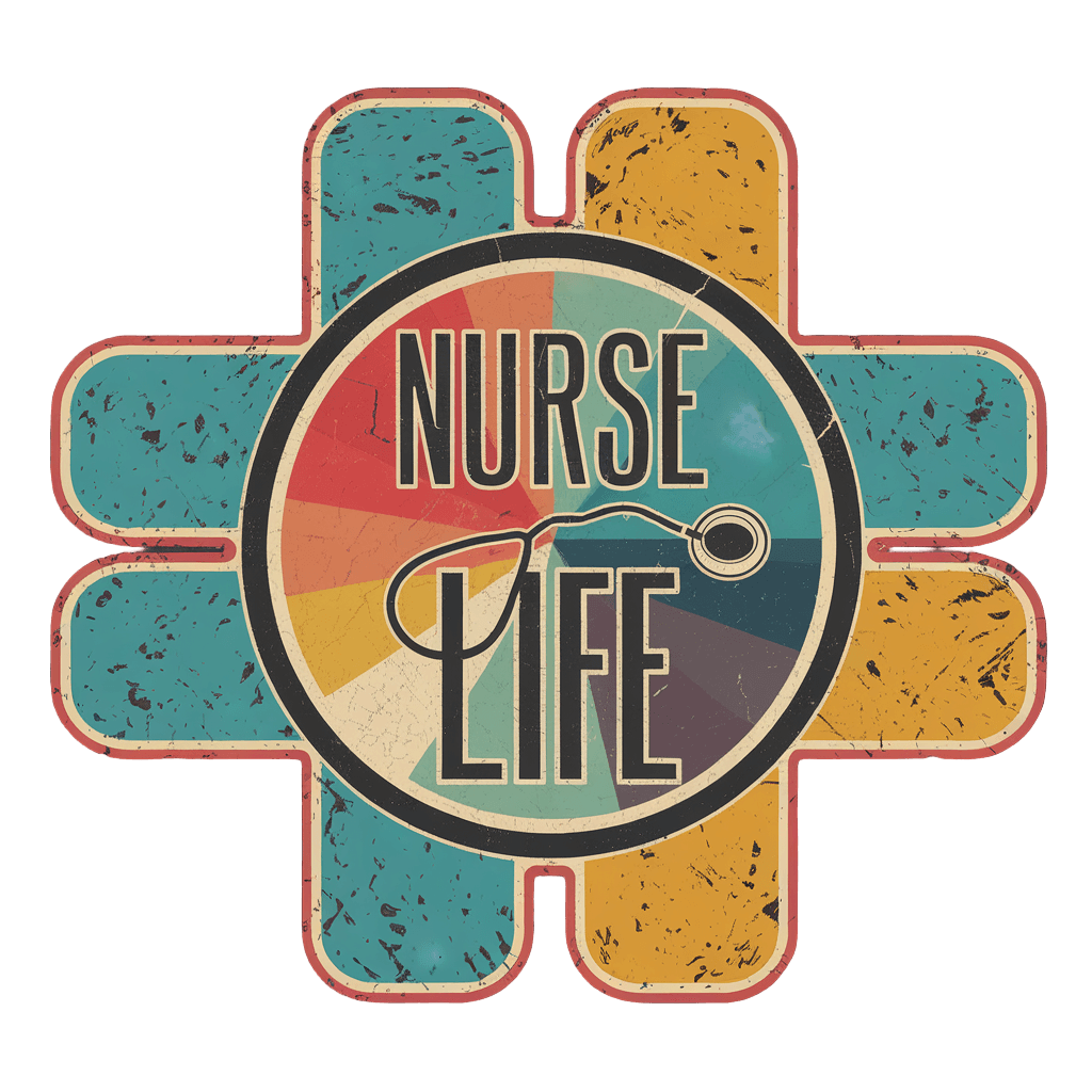 vintage badge reading "NURSE LIFE" with stethoscope illustration, retro medical emblem, on black background, t-shirt design