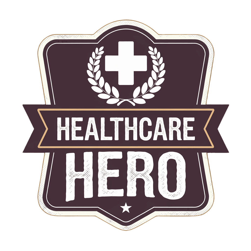 vintage emblem reading "HEALTHCARE HERO" with medical cross and laurel, classic badge, on black background