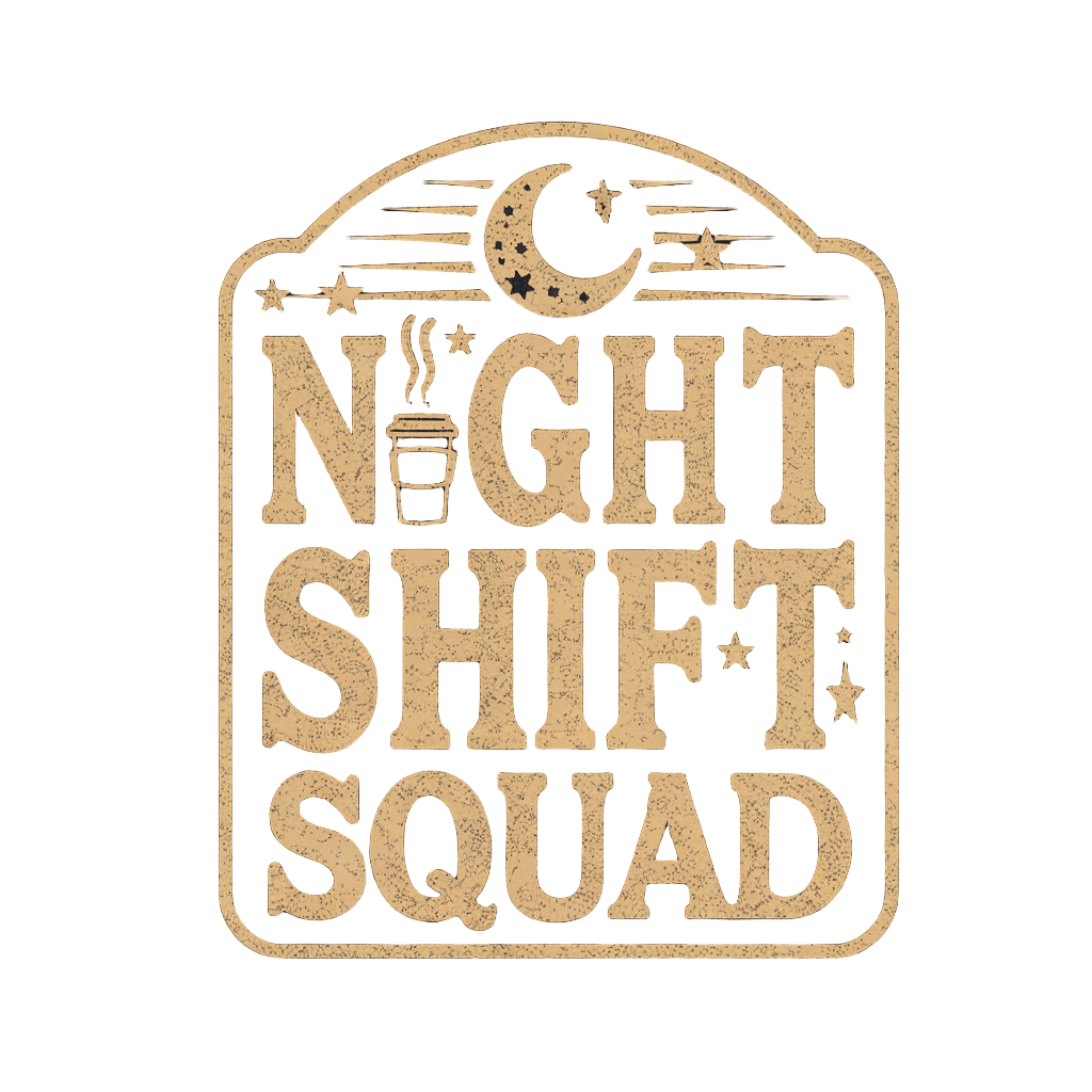 retro style reading "NIGHT SHIFT SQUAD" with moon and coffee cup, vintage badge, on black background, t-shirt design