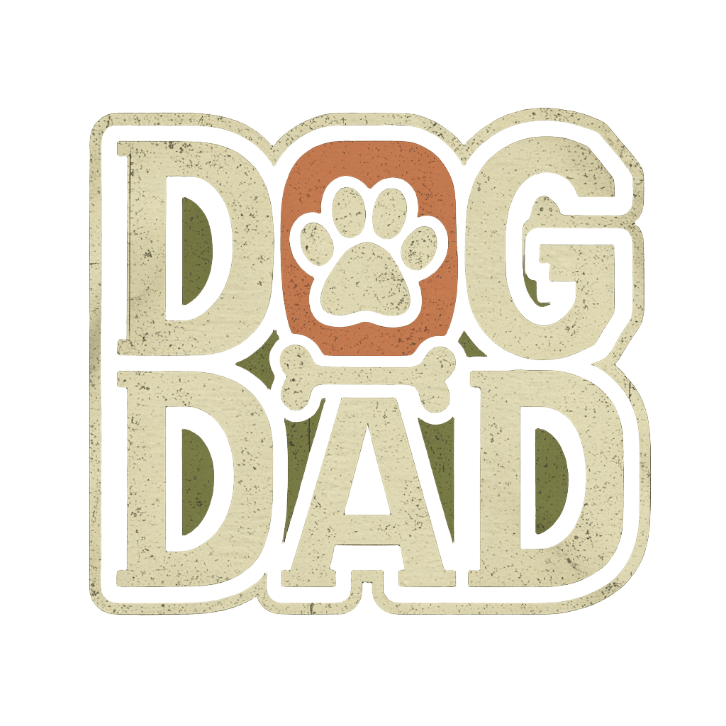 vintage badge reading "DOG DAD" with paw print and bone illustrations, retro emblem style, on black background, t-shirt design