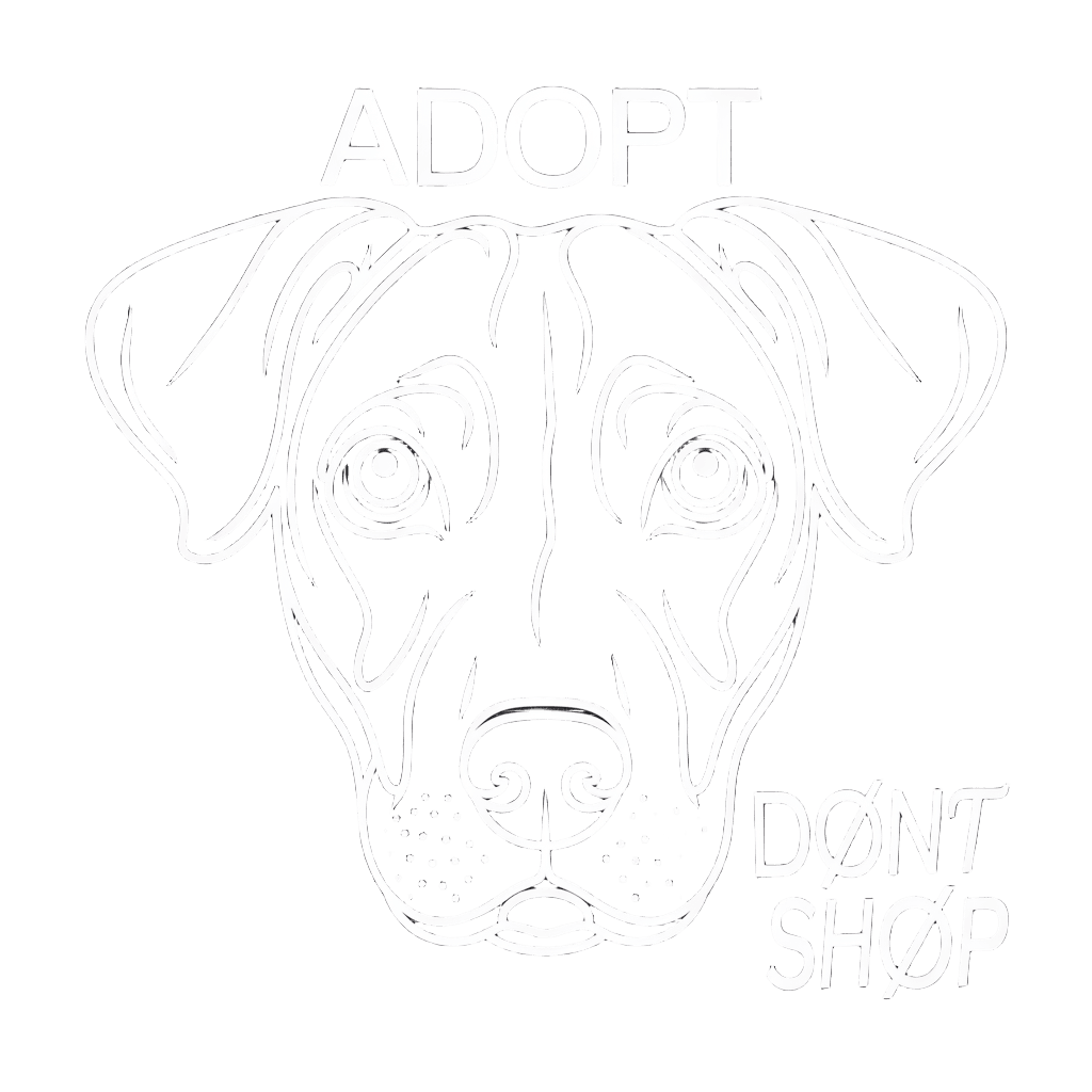 minimalist line art of dog face with text "ADOPT DONT SHOP" clean modern design, on black background, t-shirt graphic