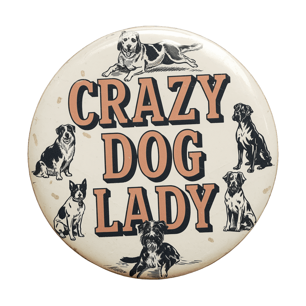 vintage badge reading "CRAZY DOG LADY" with dog illustrations, retro humor style, on black background