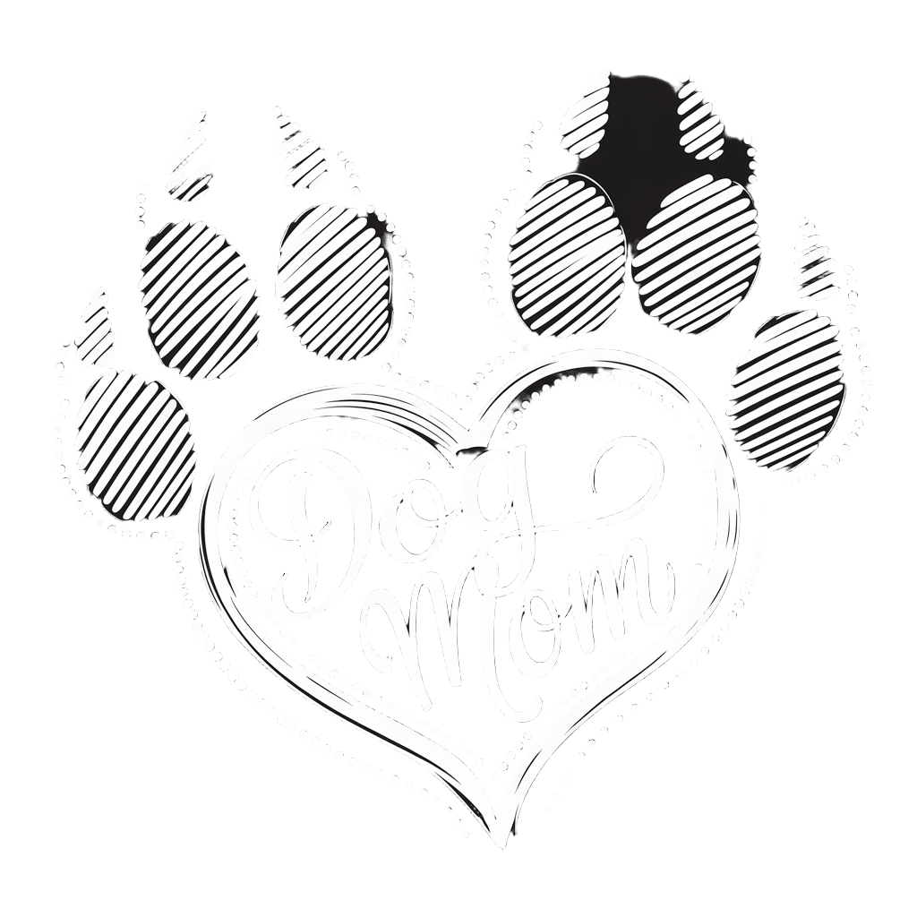 hand-drawn paw prints forming heart shape with text "DOG MOM" elegant font, on black background, t-shirt design