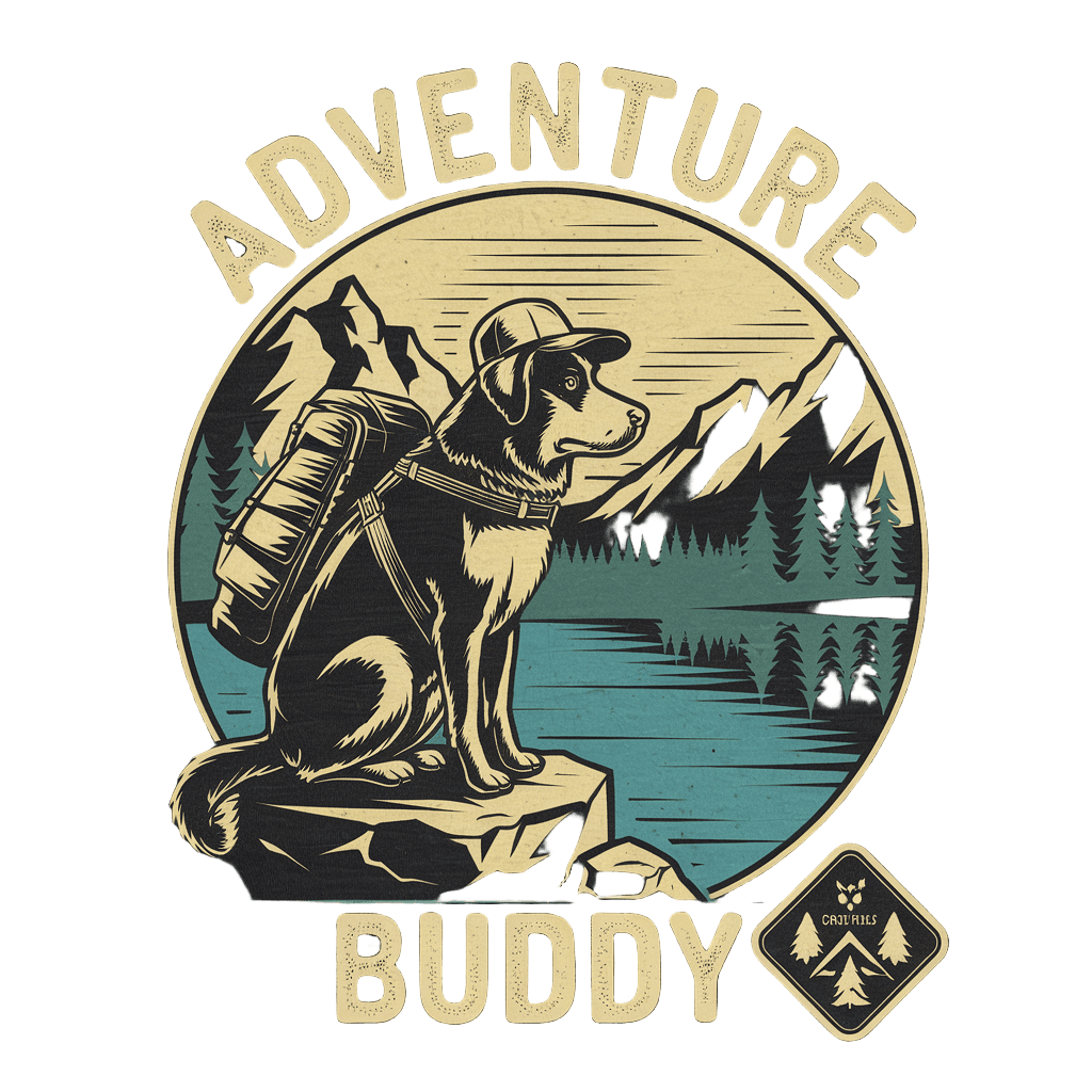 retro camping style with dog and text "ADVENTURE BUDDY" outdoor badge design, on black background