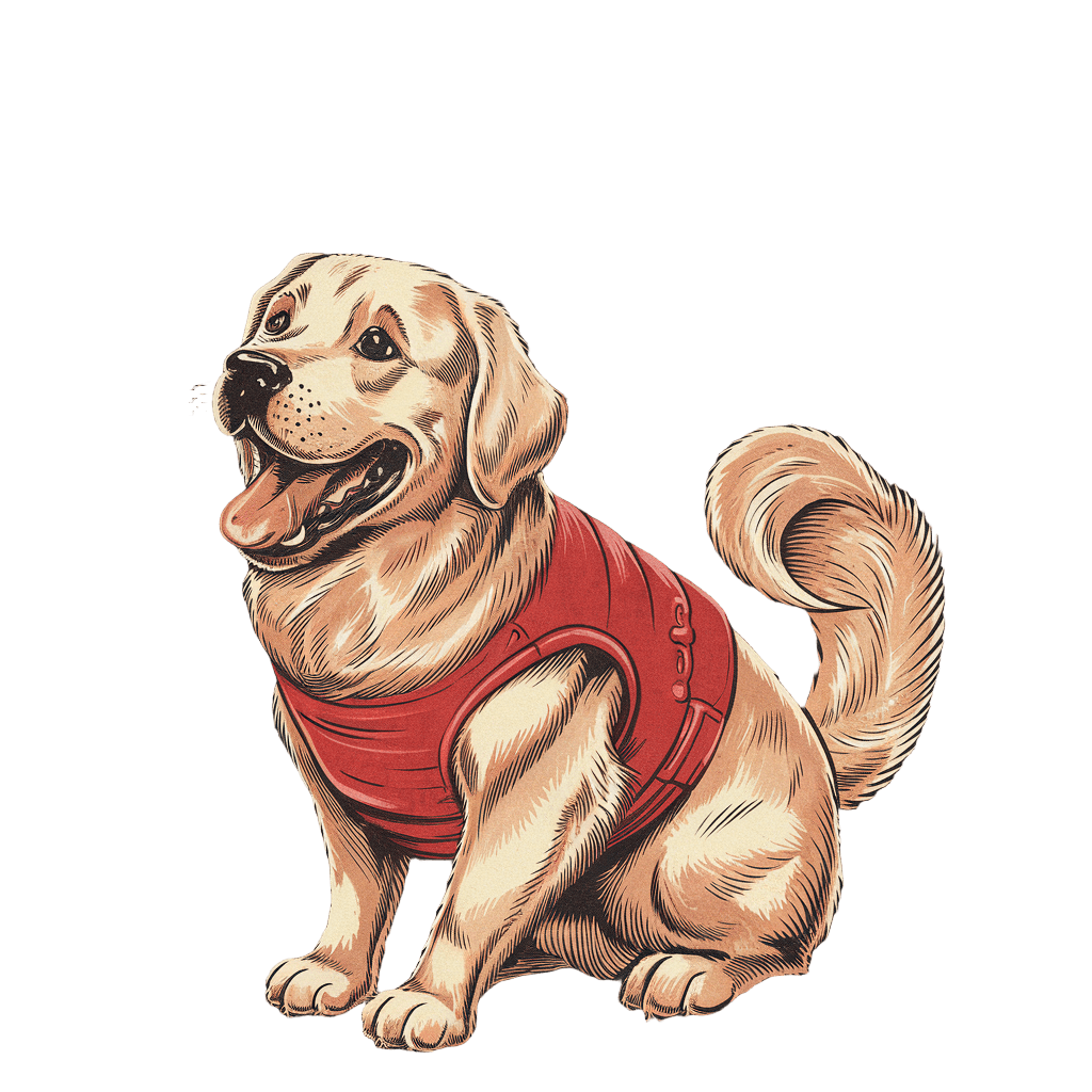 cute golden retriever illustration with text "GOLDEN RETRIEVER ENERGY" retro style, on black background, t-shirt design