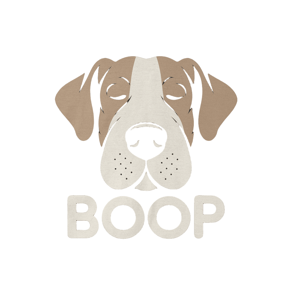 minimalist design with dog nose boop and text "BOOP" simple clean, on black background, t-shirt graphic