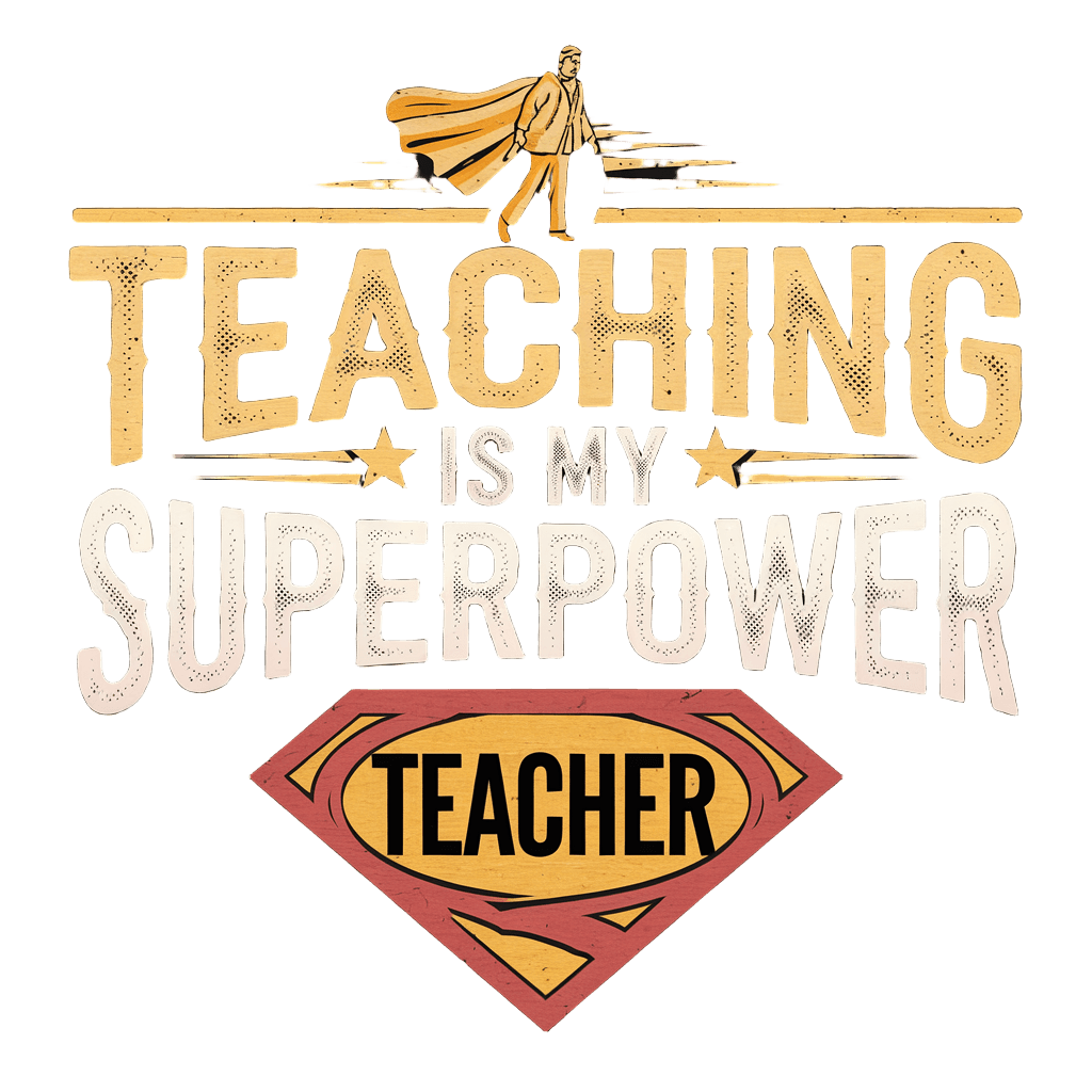 vintage style reading "TEACHING IS MY SUPERPOWER" with cape graphic, retro hero badge, on black background