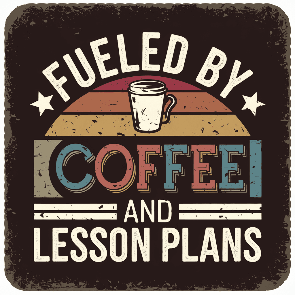 retro badge reading "FUELED BY COFFEE AND LESSON PLANS" with coffee cup icon, vintage, on black background, t-shirt design