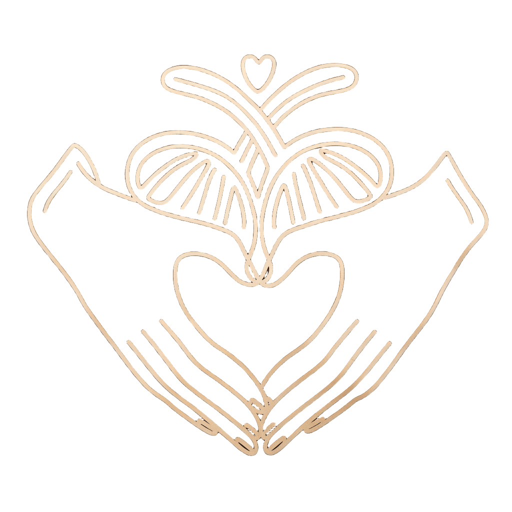 minimalist line art of two hands forming heart shape, elegant modern design, on black background, t-shirt graphic