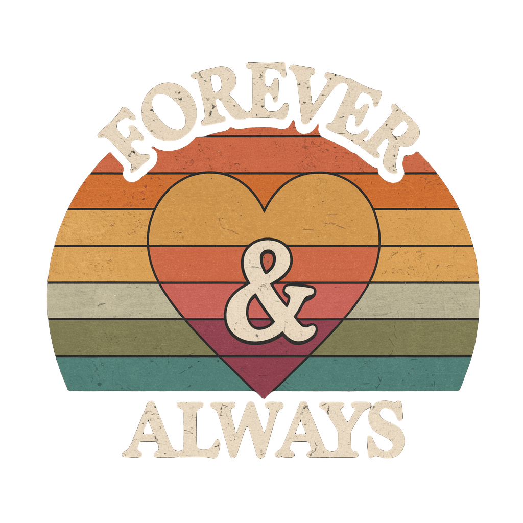 retro sunset heart with text "FOREVER & ALWAYS" vintage 70s romantic, on black background, t-shirt design