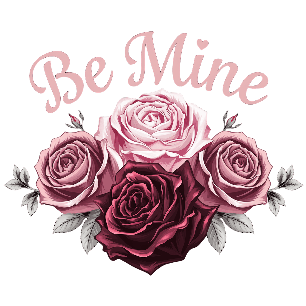 elegant rose bouquet with text "BE MINE" classic Valentine typography, on black background, t-shirt design