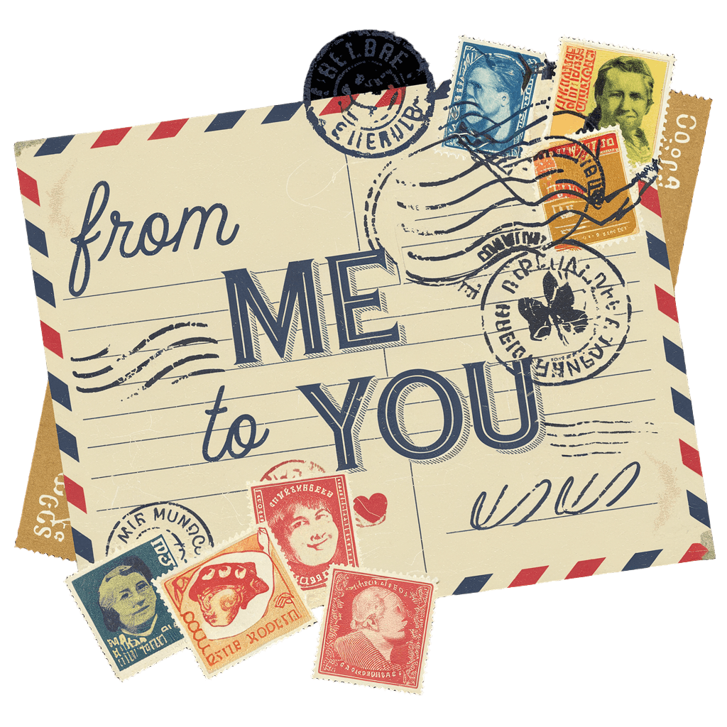 vintage postcard style reading "FROM ME TO YOU" with love letter and stamps, romantic retro, on black background, t-shirt design