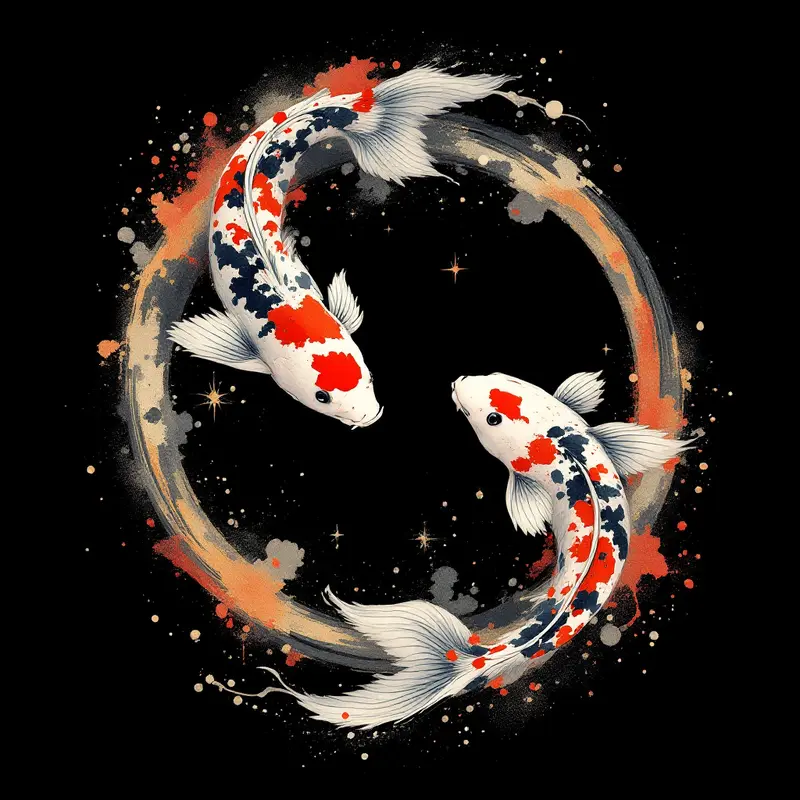 Koi fish yin-yang, Japanese watercolor
