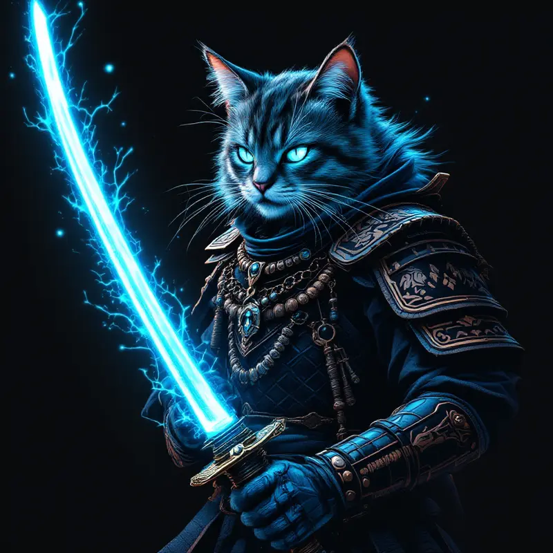 Samurai cat in cyberpunk armor