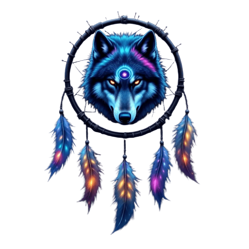 Dreamcatcher with wolf eye and feathers of northern lights