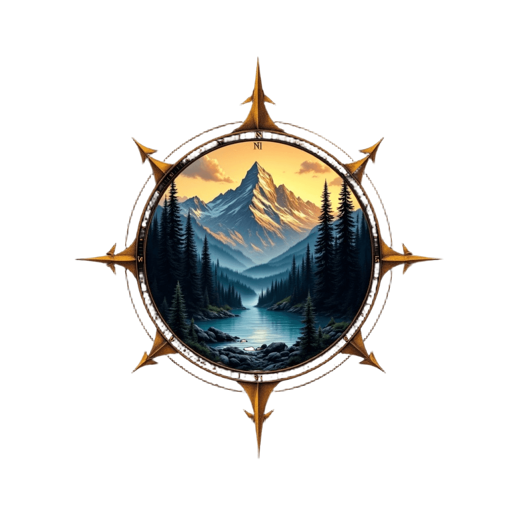 Compass rose with mountain landscape inside