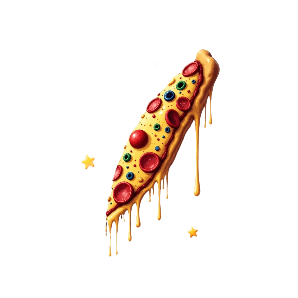 Pizza slice with cosmic toppings and stars