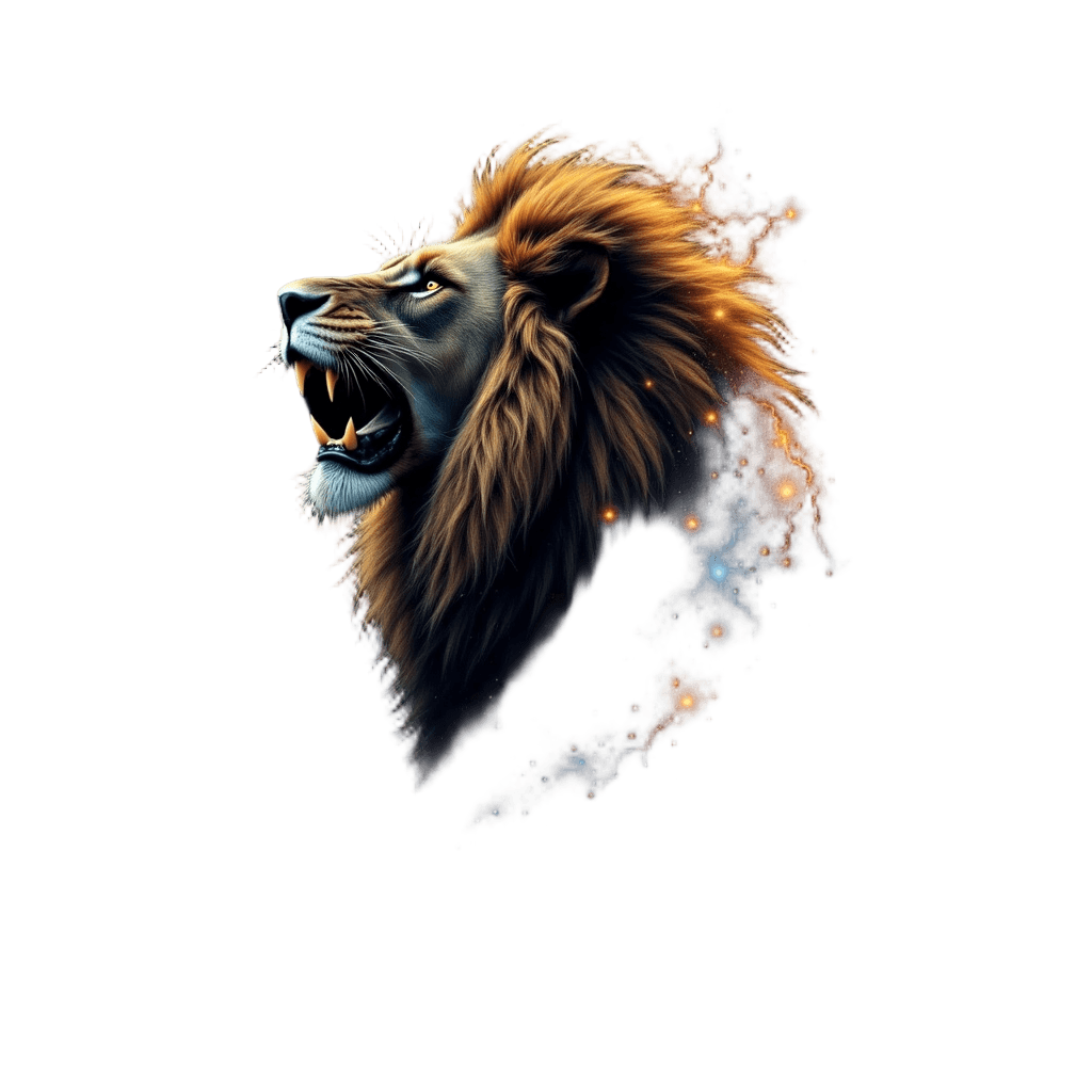 Majestic lion roaring with cosmic mane of stars