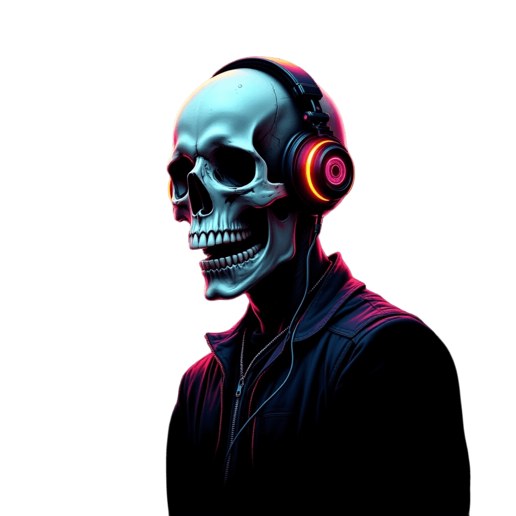 Skull Wearing Headphones with Music Notes
