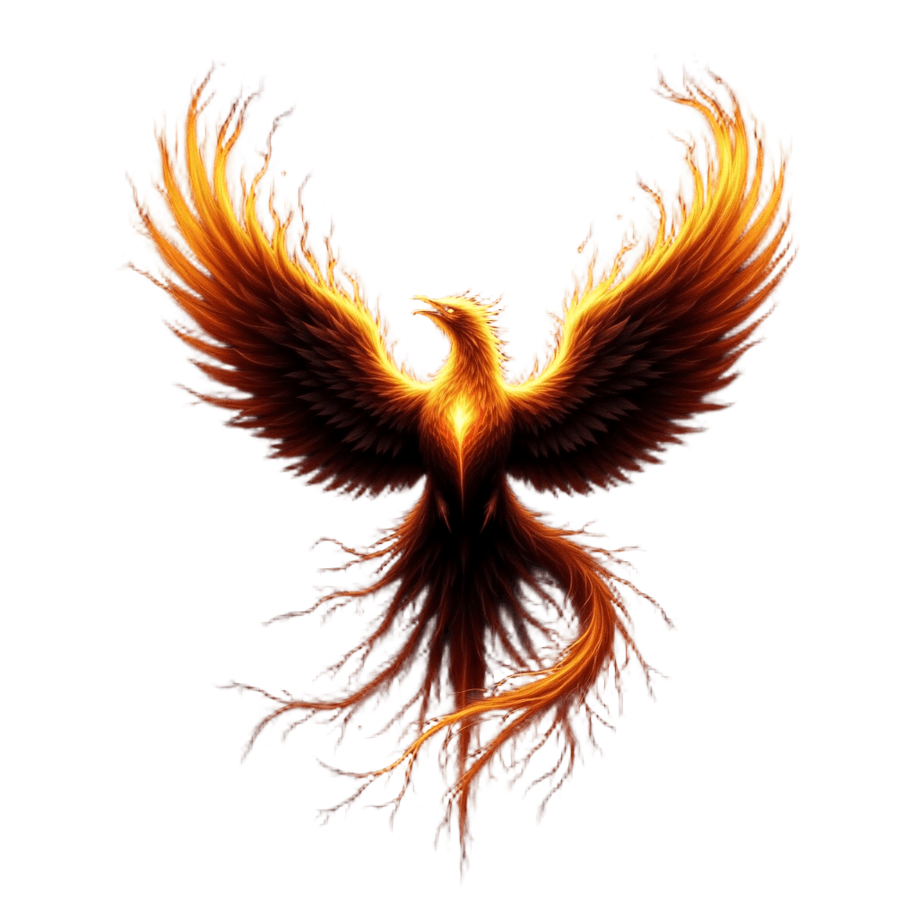 Phoenix rising from ashes with golden flames