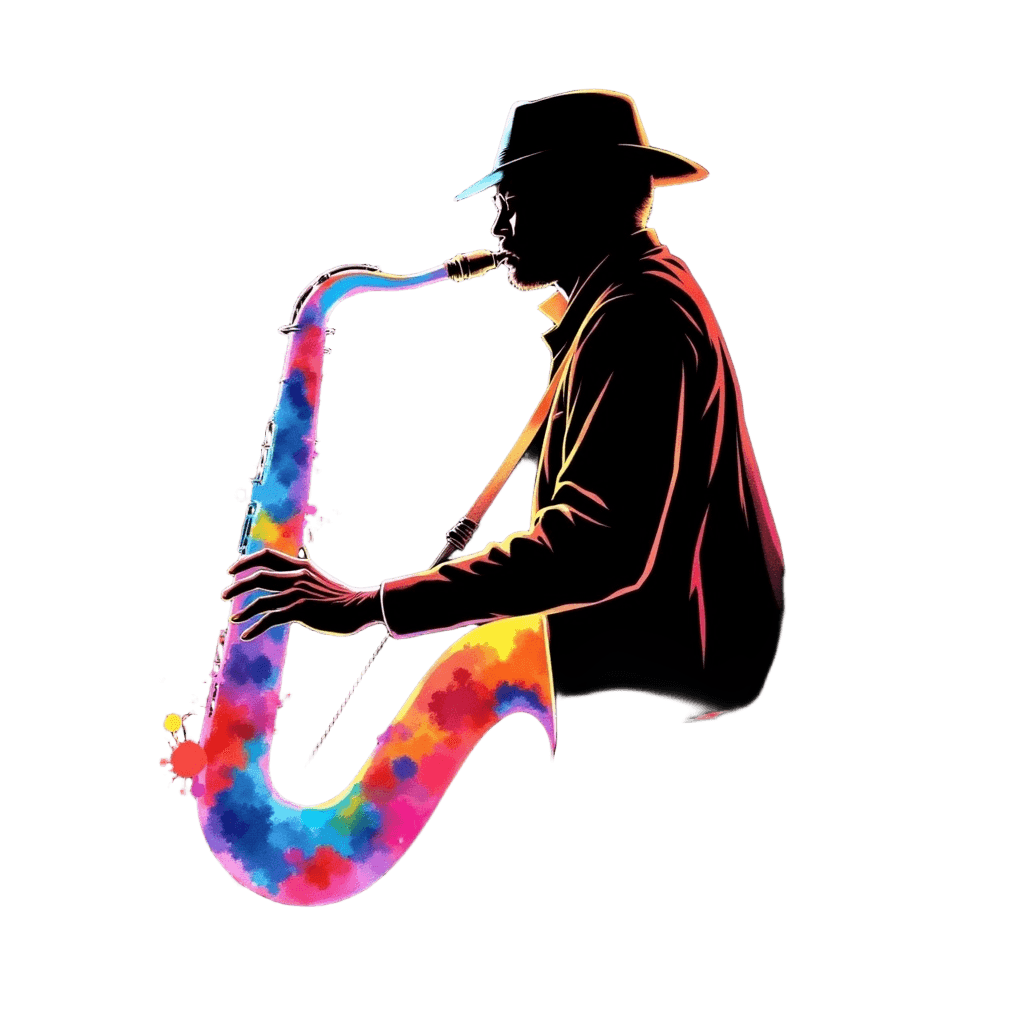 Saxophone Player with Colorful Jazz Music Flowing
