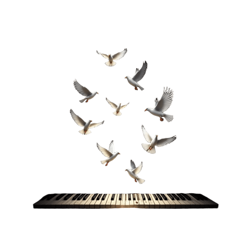 Piano keys transforming into birds flying free