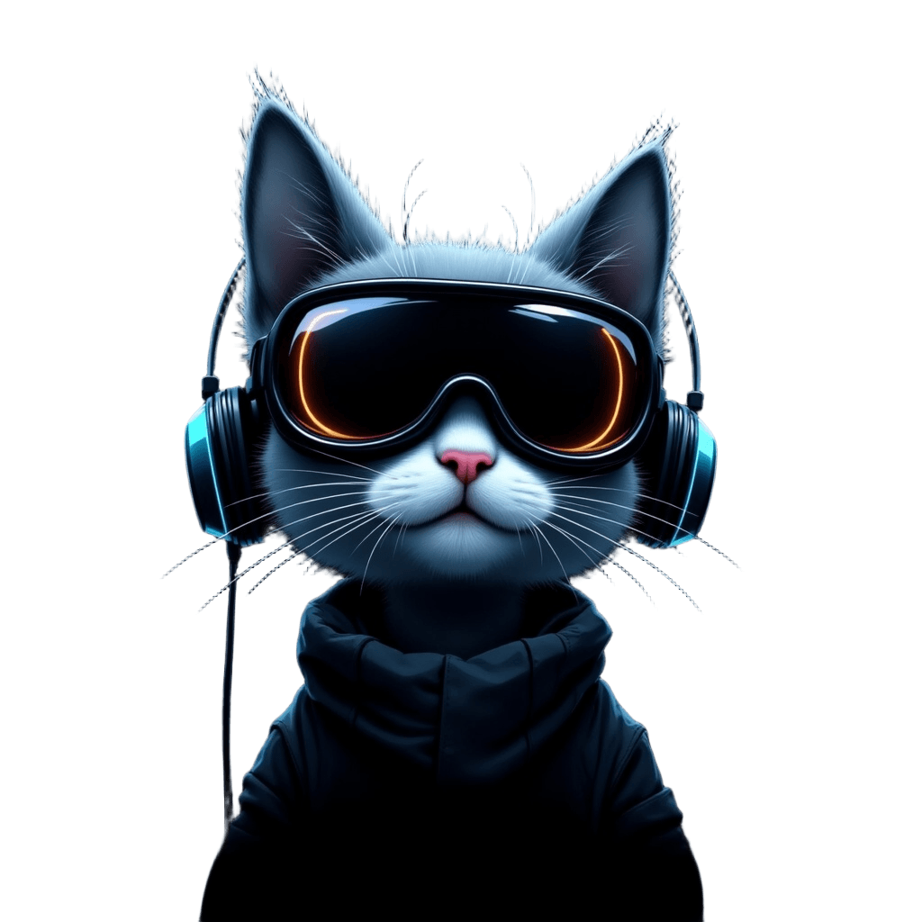 Cat Wearing Programmer Headphones with Floating Code