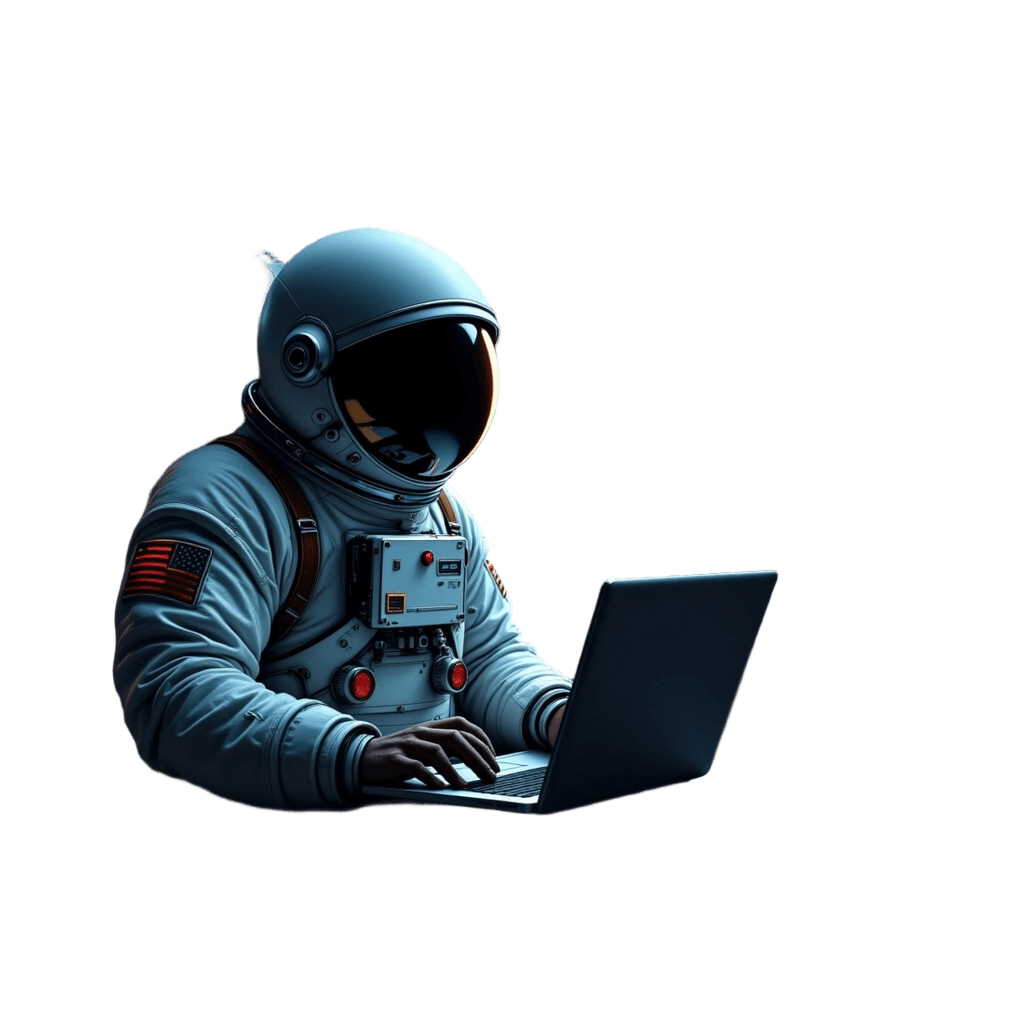 Astronaut coding on laptop in space station