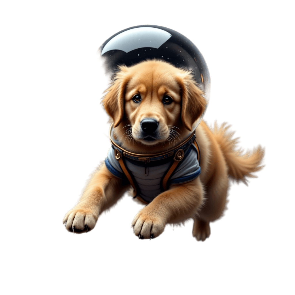 Golden Retriever in Astronaut Suit Floating in Galaxy