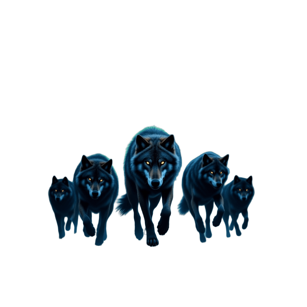 Wolf Pack Running Under Northern Lights